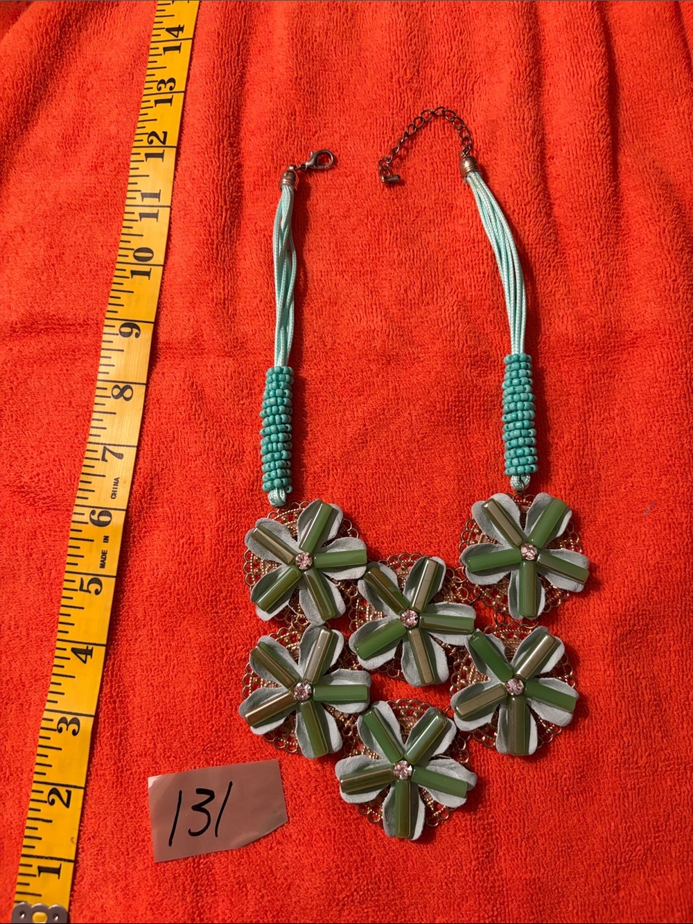 Green Floral Statement Necklace with Beaded Cord